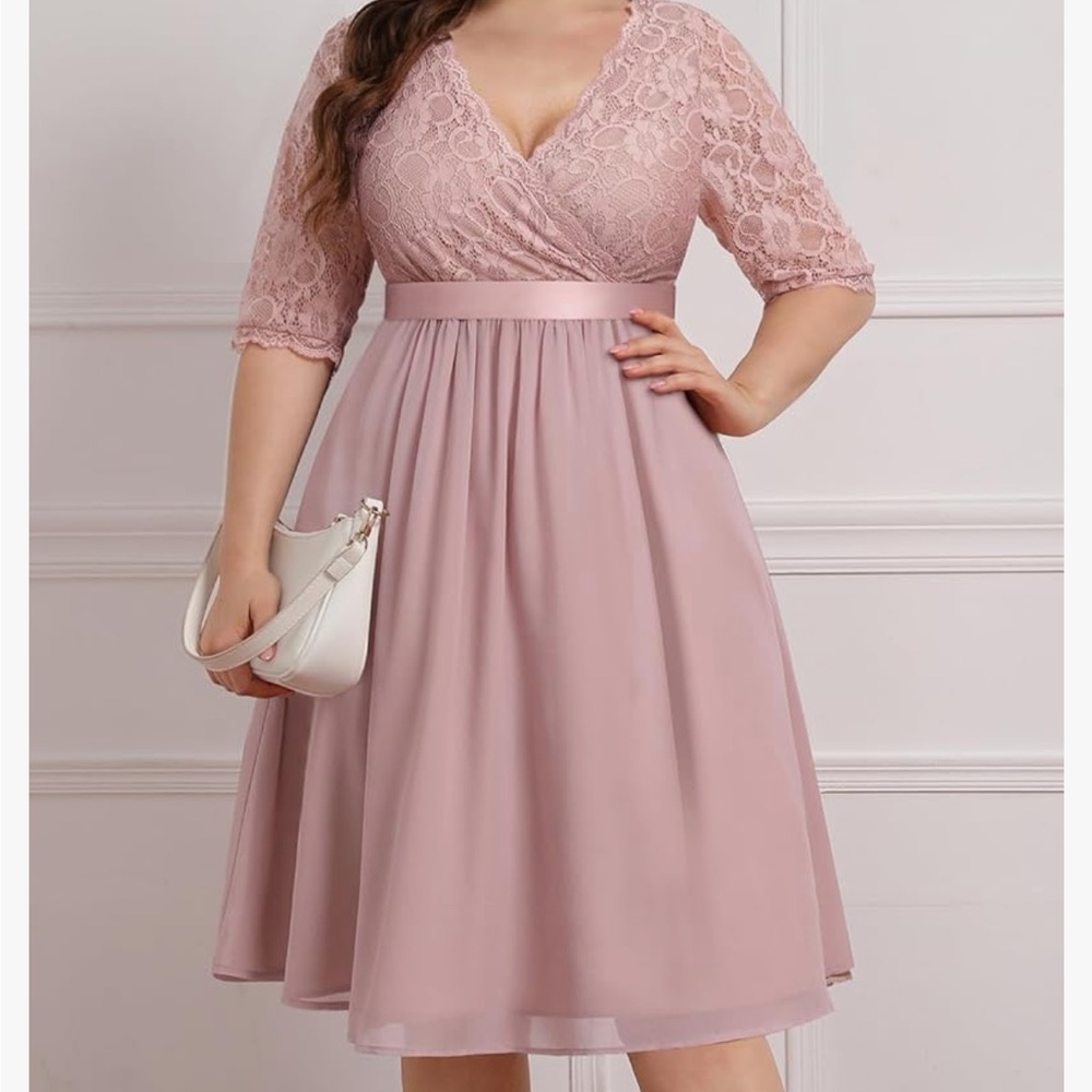 Pink A-Line Midi Dress with V-Neck and 3/4 Sleeves - Picture 4 of 4